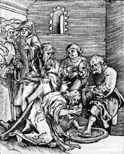 Jesus Kristus der vasker én hans disciple Tegnet billede af Jesus Kristus der vasker én hans disciple